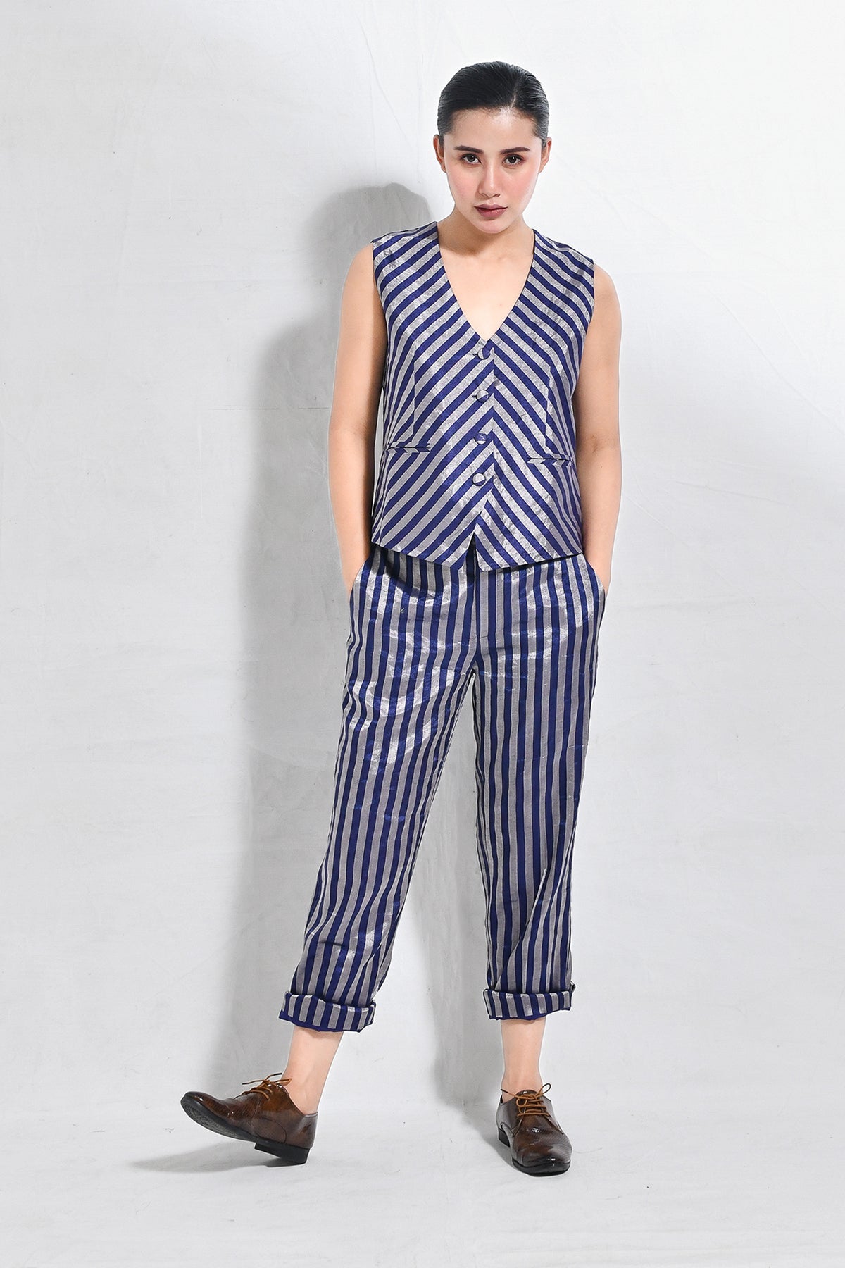 Striped Tissue Waist - Coat Co - ord (Set of 2) - Dark Blue - CiceroniCo - ord SetHiranya