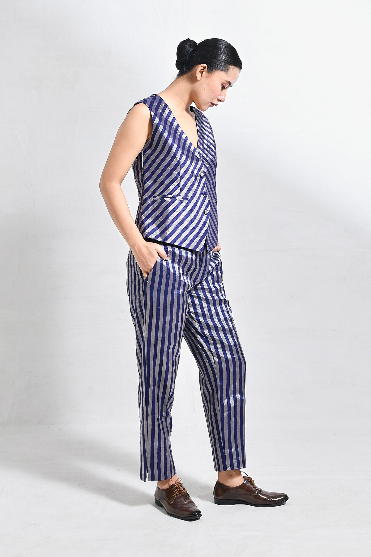 Striped Tissue Waist - Coat Co - ord (Set of 2) - Dark Blue - CiceroniCo - ord SetHiranya