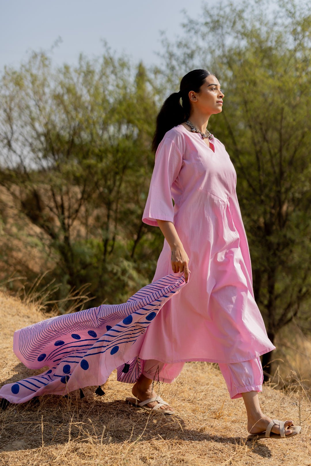 Taffy Pink Kurta Set with Block Printed Dupatta - CiceroniKurta Set, Everyday WearMaidaan