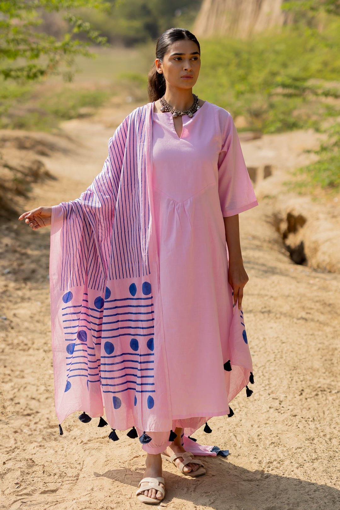 Taffy Pink Kurta Set with Block Printed Dupatta - CiceroniKurta Set, Everyday WearMaidaan