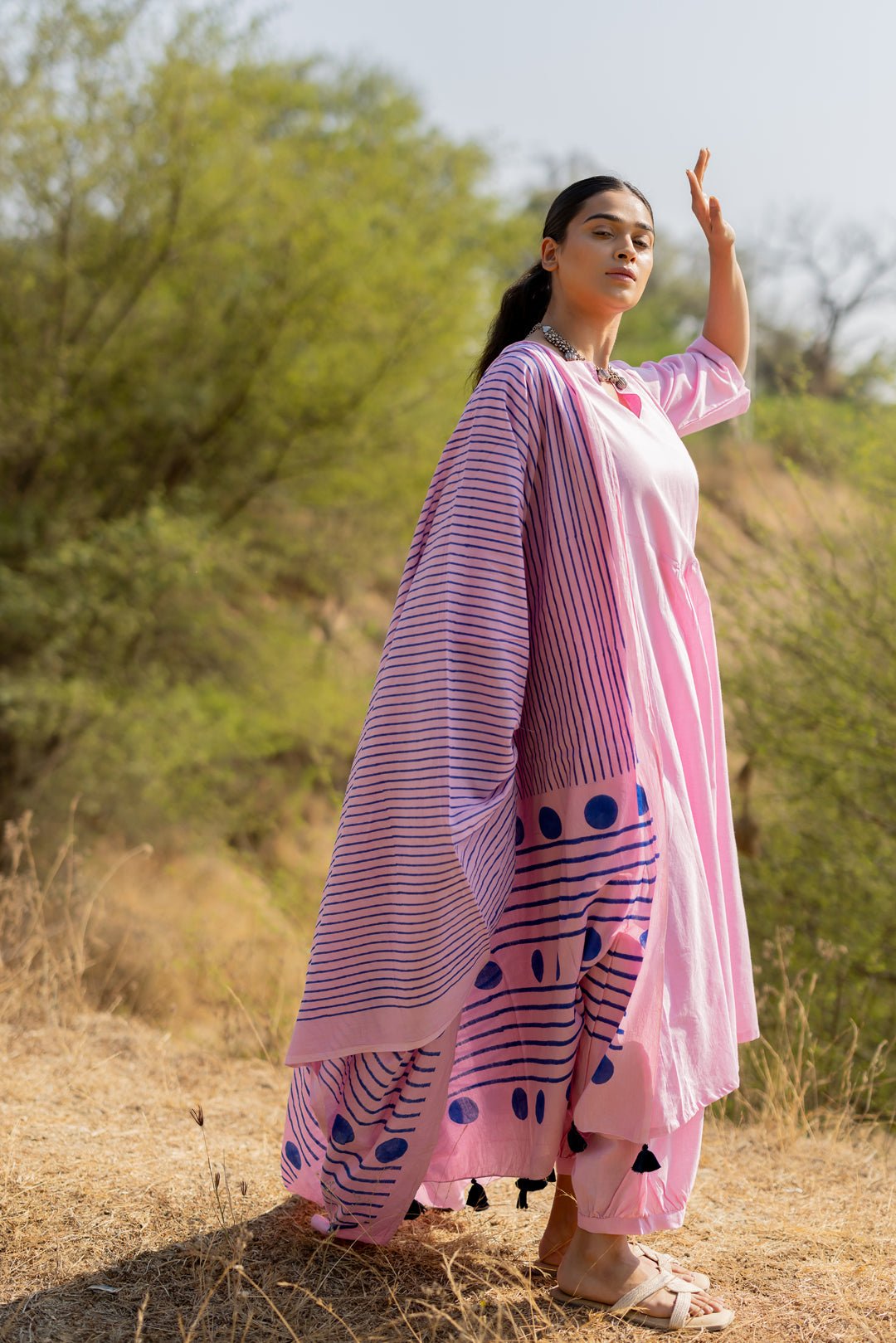 Taffy Pink Kurta Set with Block Printed Dupatta - CiceroniKurta Set, Everyday WearMaidaan