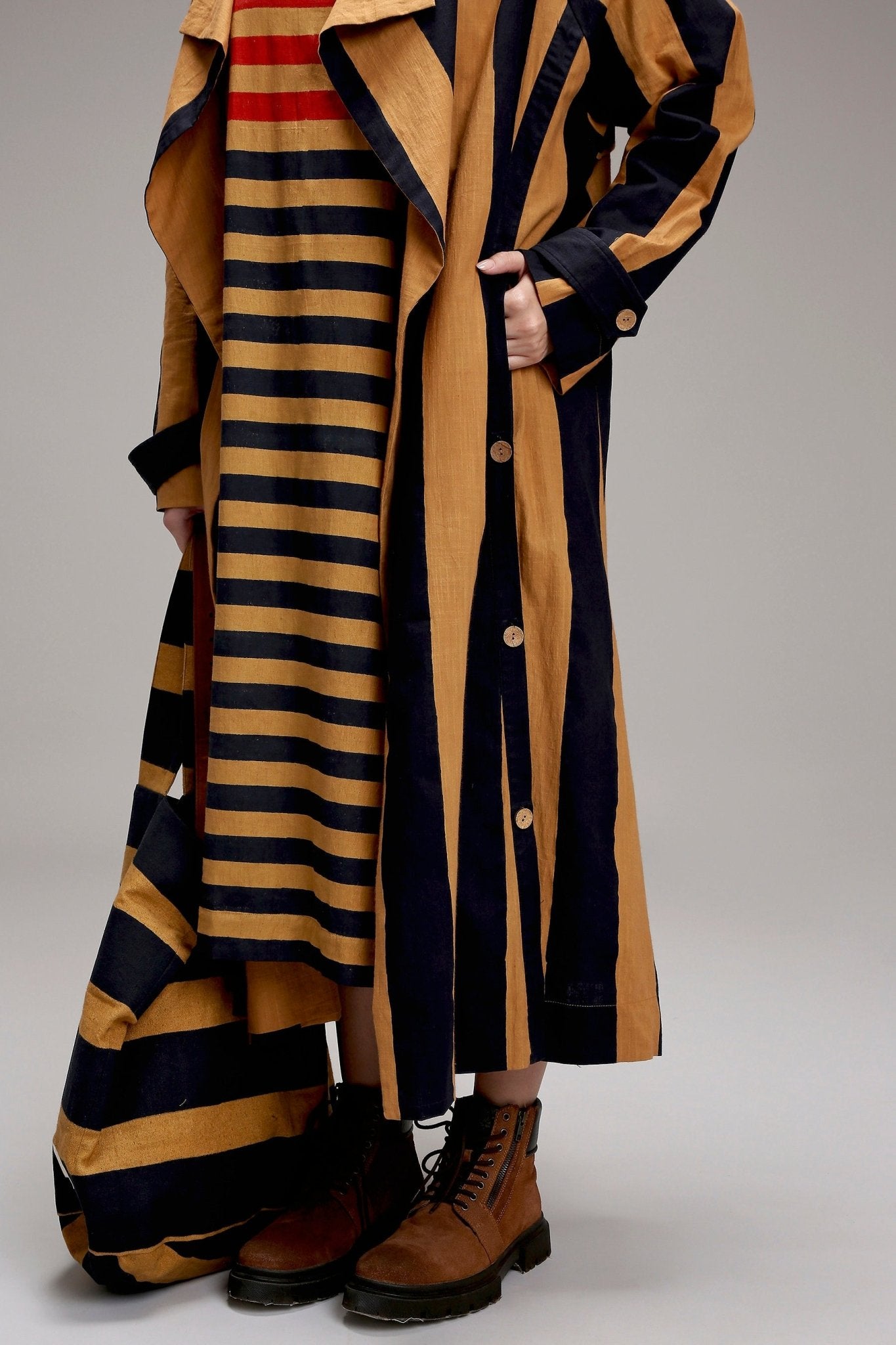 Tan-Brown Big Striped Trench Jacket - CiceroniJacketsMATI