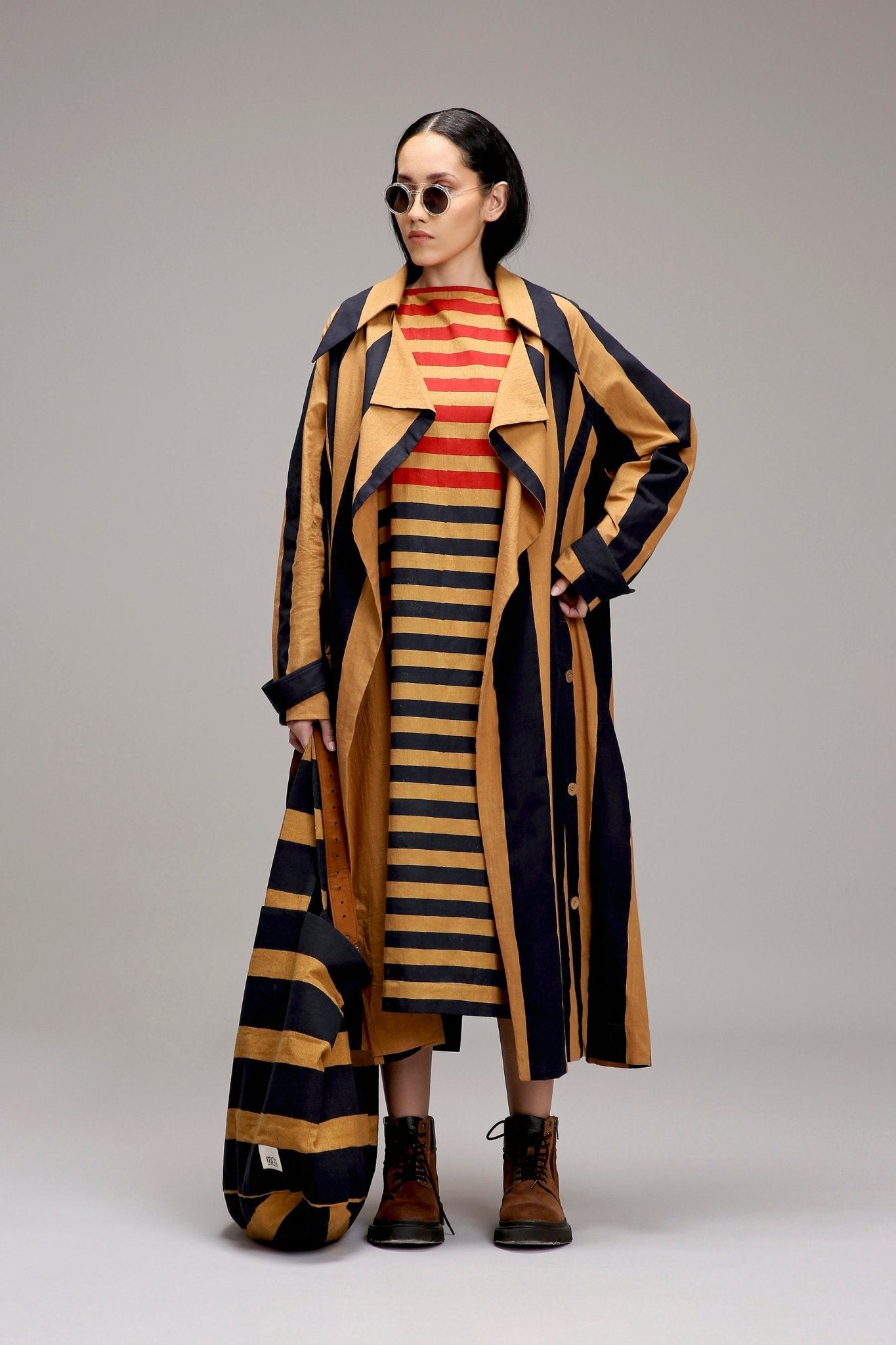 Tan-Brown Big Striped Trench Jacket - CiceroniJacketsMATI