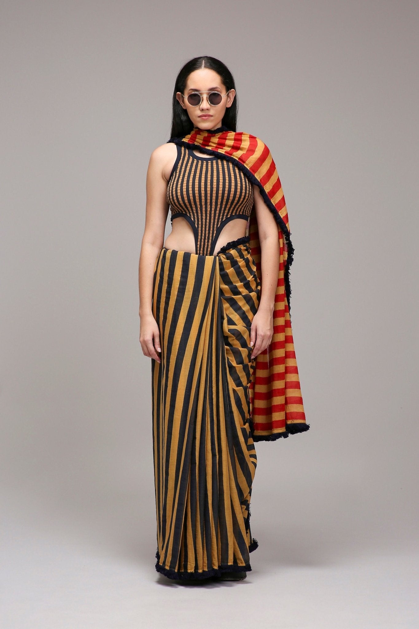 Tan-Brown Blue Red Dual Striped Saree - CiceroniSareeMATI