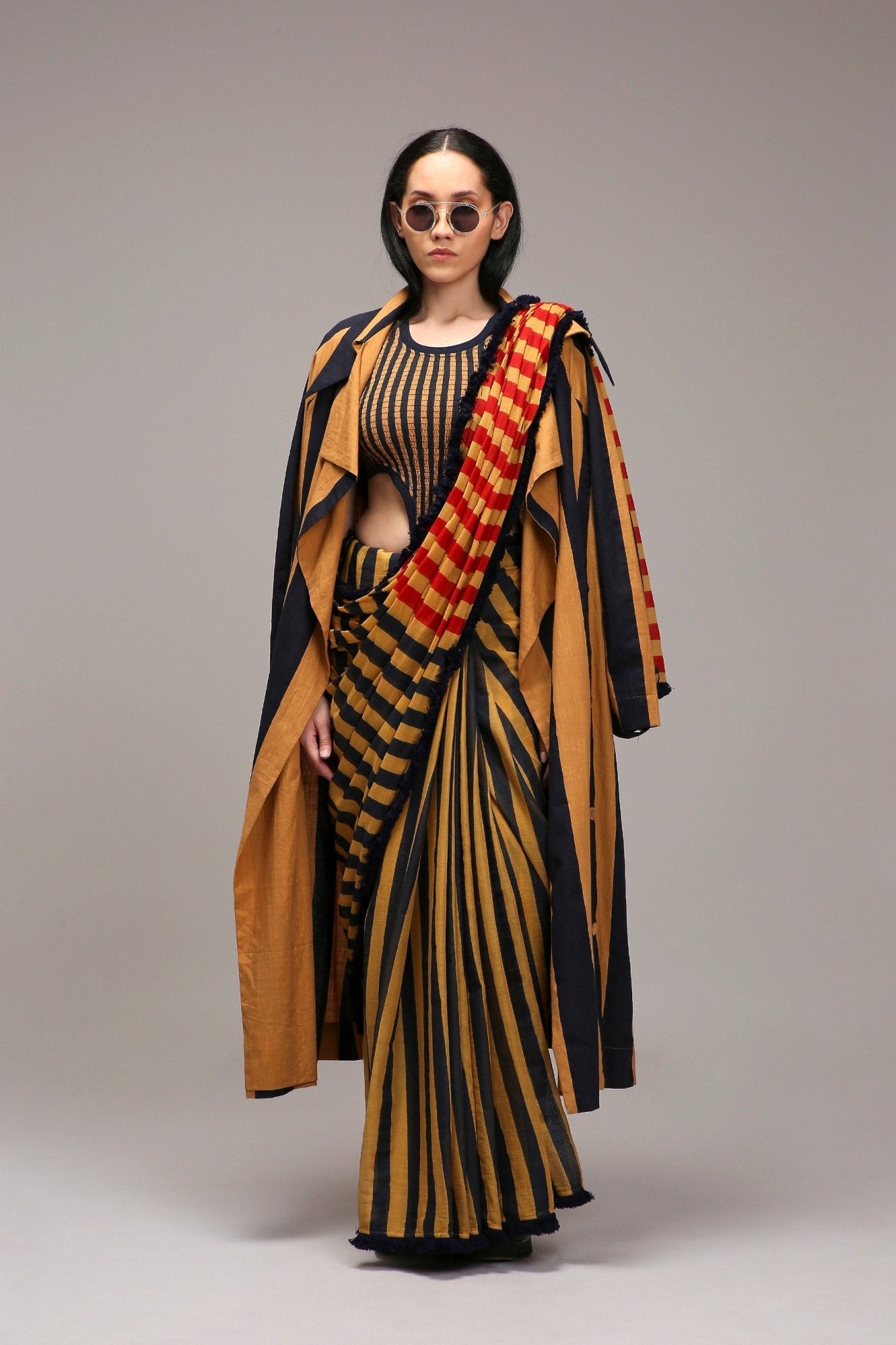 Tan-Brown Blue Red Dual Striped Saree - CiceroniSareeMATI