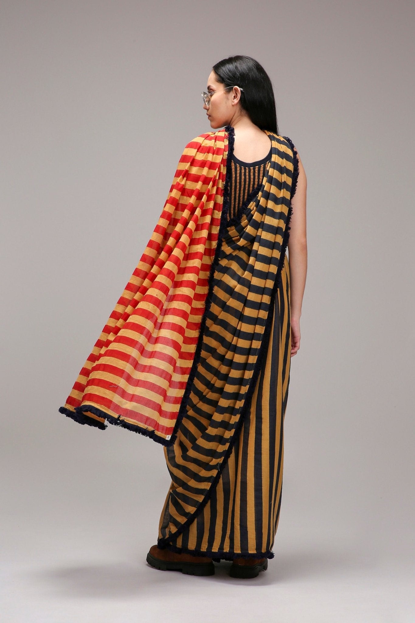 Tan-Brown Blue Red Dual Striped Saree - CiceroniSareeMATI