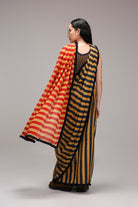 Tan-Brown Blue Red Dual Striped Saree - CiceroniSareeMATI