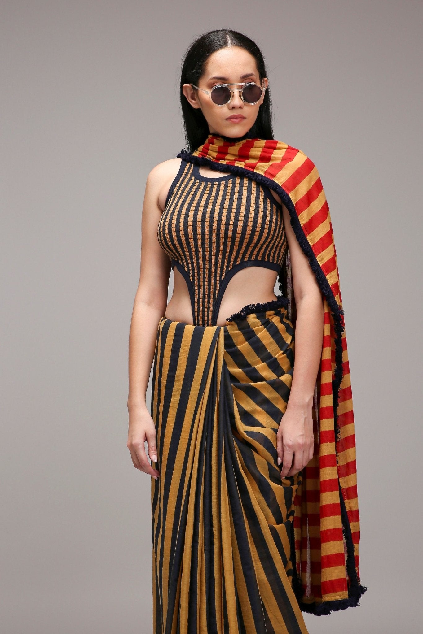 Tan-Brown Blue Red Dual Striped Saree - CiceroniSareeMATI