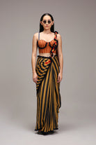 Tan-Brown Blue Red Dual Striped Saree - CiceroniSareeMATI