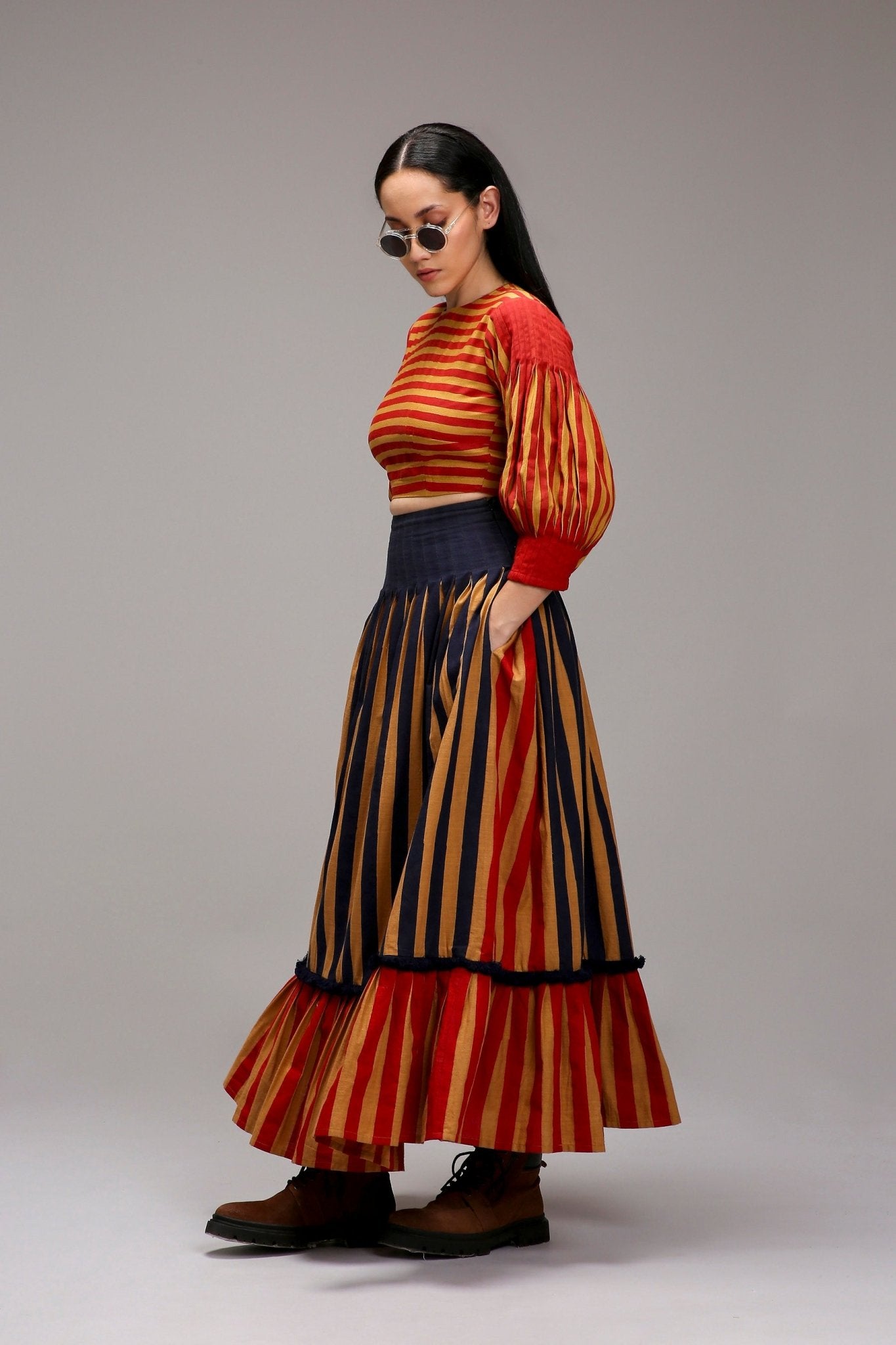 Tan-Brown Blue Red Dual Striped Skirt - CiceroniSkirtsMATI