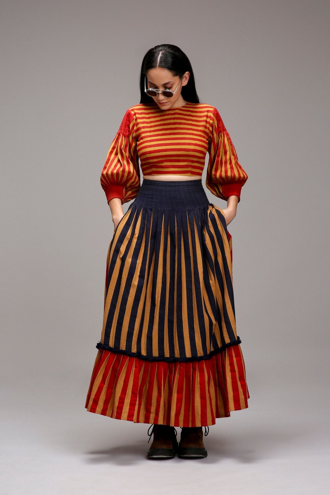 Tan-Brown Blue Red Dual Striped Skirt - CiceroniSkirtsMATI