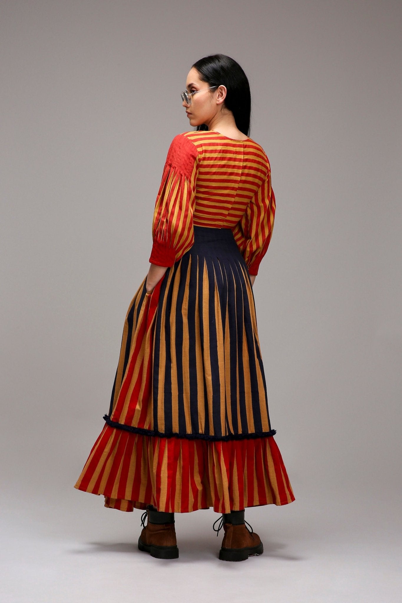 Tan-Brown Blue Red Dual Striped Skirt - CiceroniSkirtsMATI