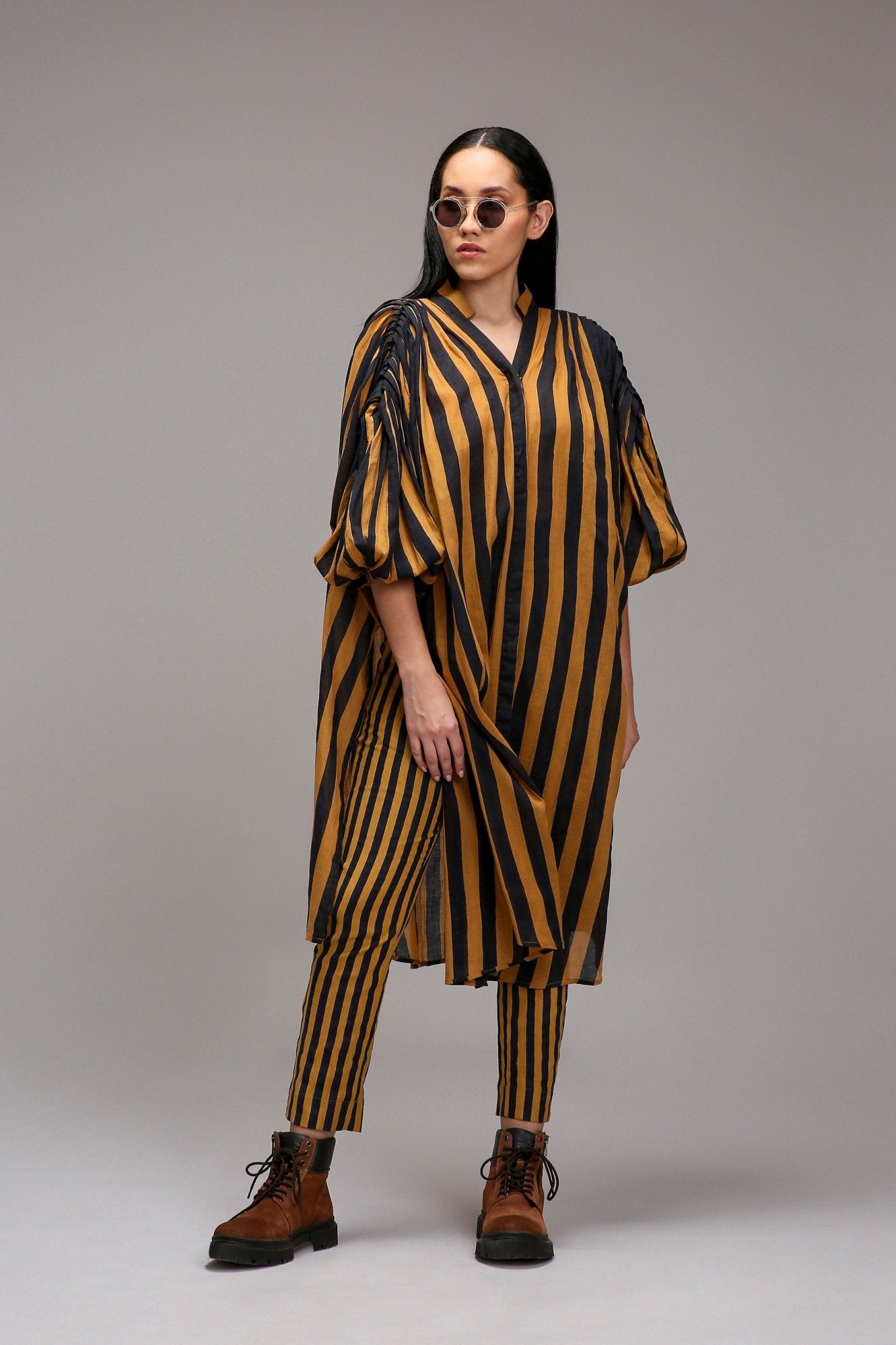 Tan-Brown Blue Striped Baha Tunic Set (2 PCS) - CiceroniKurta Set, Everyday WearMATI