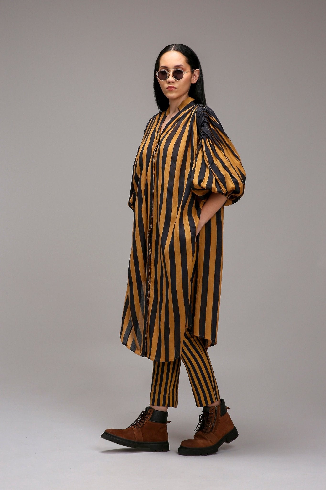 Tan-Brown Blue Striped Baha Tunic - CiceroniKurta, Festive WearMATI