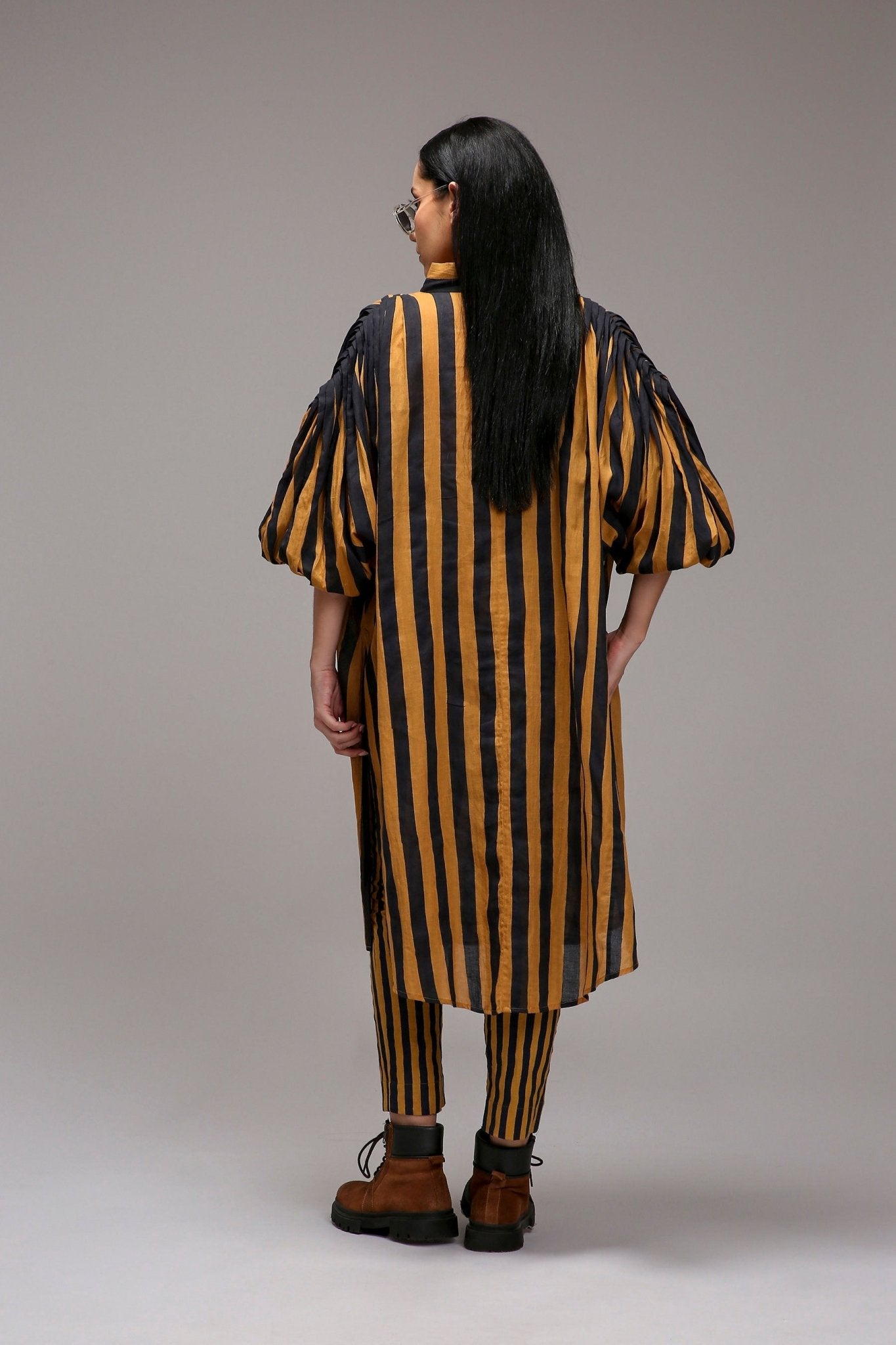 Tan-Brown Blue Striped Baha Tunic - CiceroniKurta, Festive WearMATI