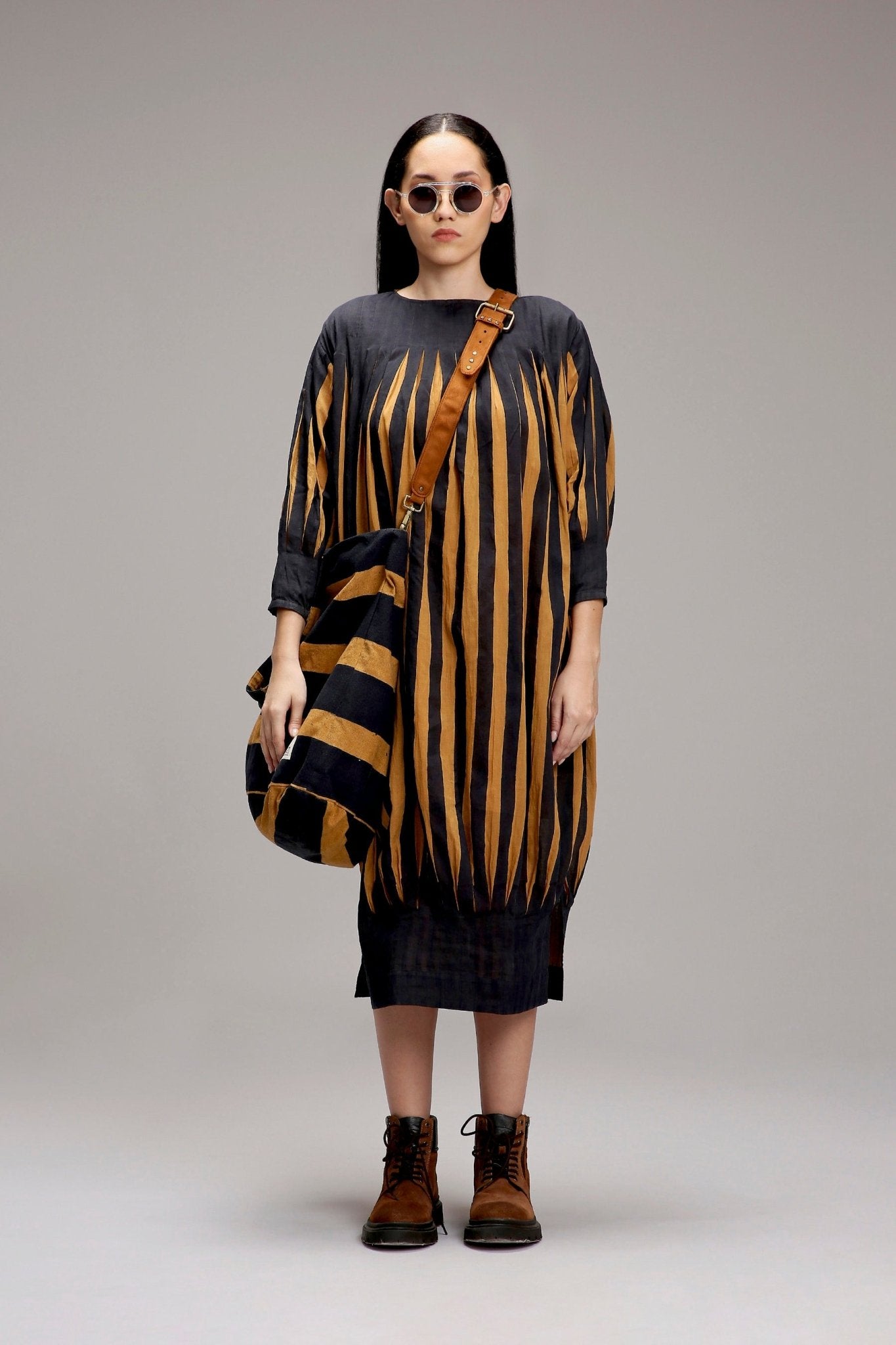 Tan-Brown Blue Striped Balloon Dress - CiceroniDressesMATI
