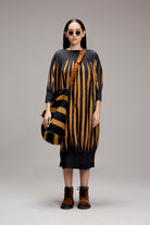 Tan-Brown Blue Striped Balloon Dress - CiceroniDressesMATI