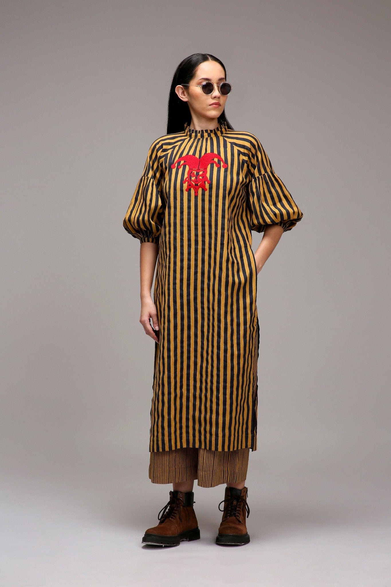 Tan-Brown Blue Striped Big Joker Tunic Set (2 PCS) - CiceroniKurta Set, Everyday WearMATI
