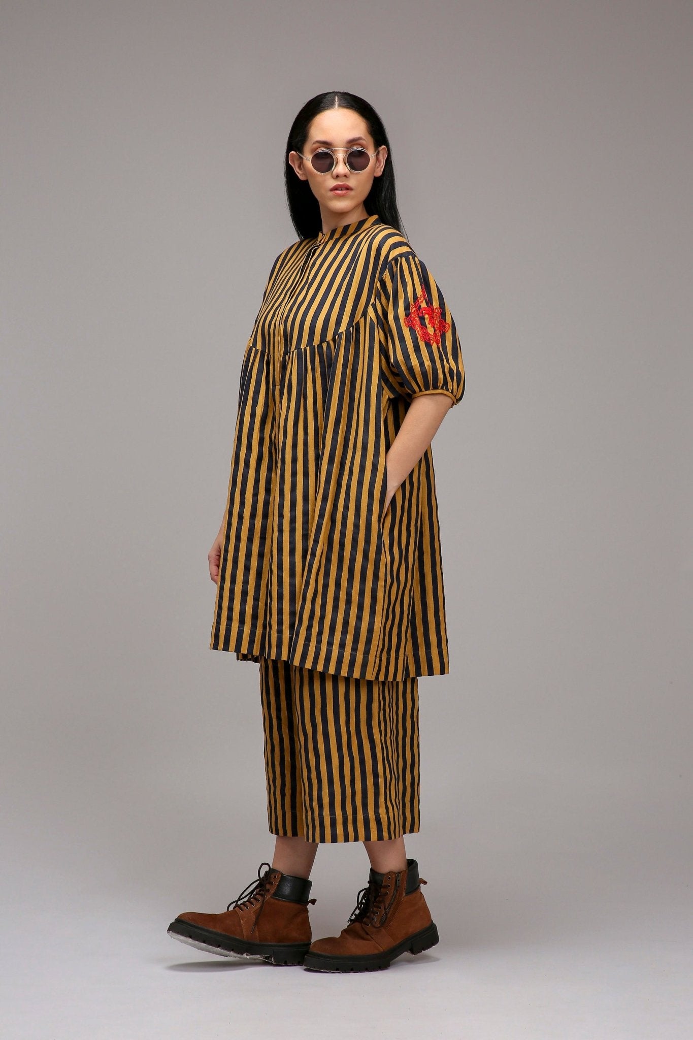 Tan-Brown Blue Striped Short Acra Tunic Set (2 PCS) - CiceroniKurta Set, Everyday WearMATI