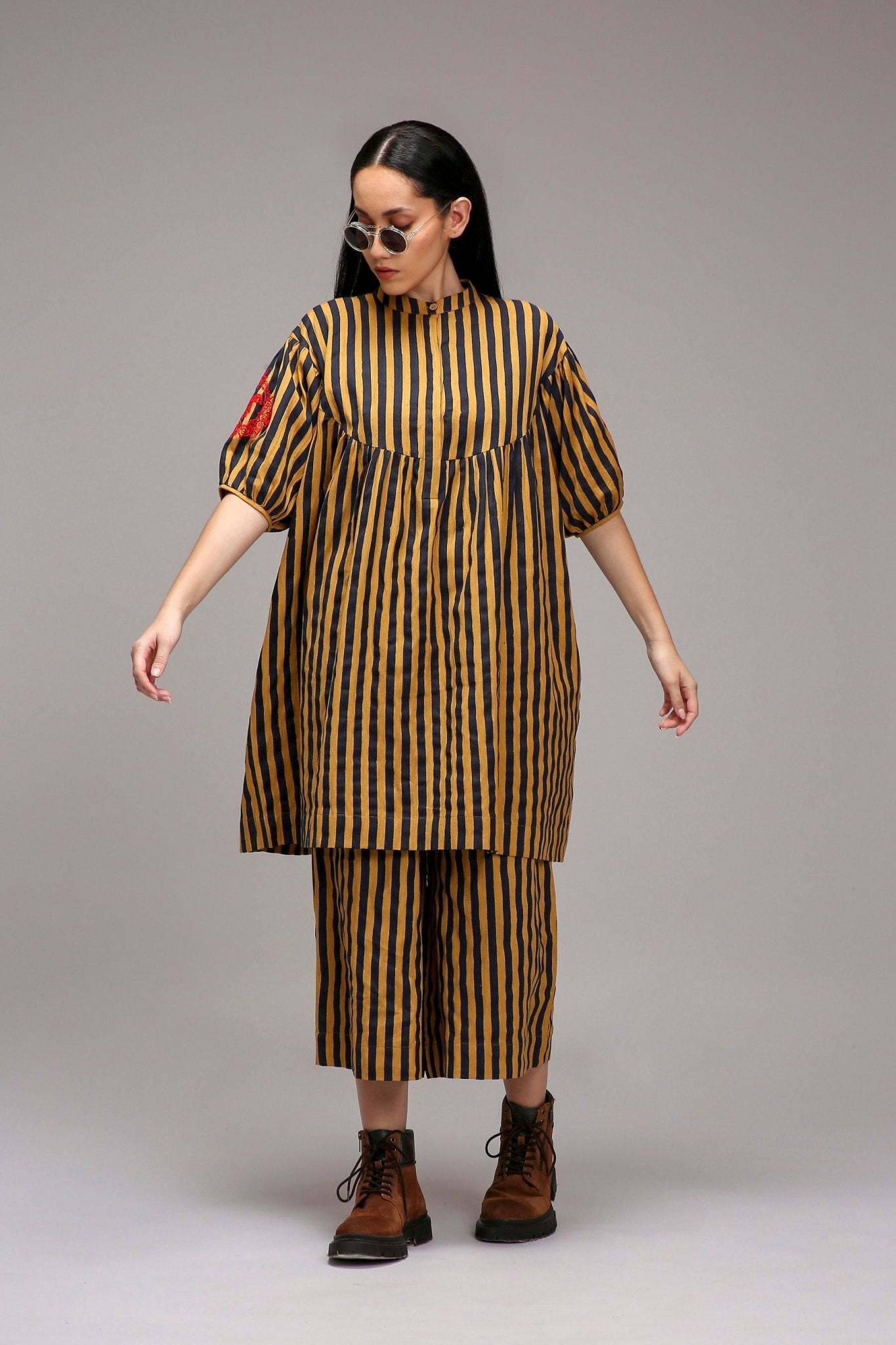 Tan-Brown Blue Striped Short Acra Tunic Set (2 PCS) - CiceroniKurta Set, Everyday WearMATI