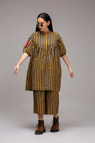 Tan-Brown Blue Striped Short Acra Tunic Set (2 PCS) - CiceroniKurta Set, Everyday WearMATI
