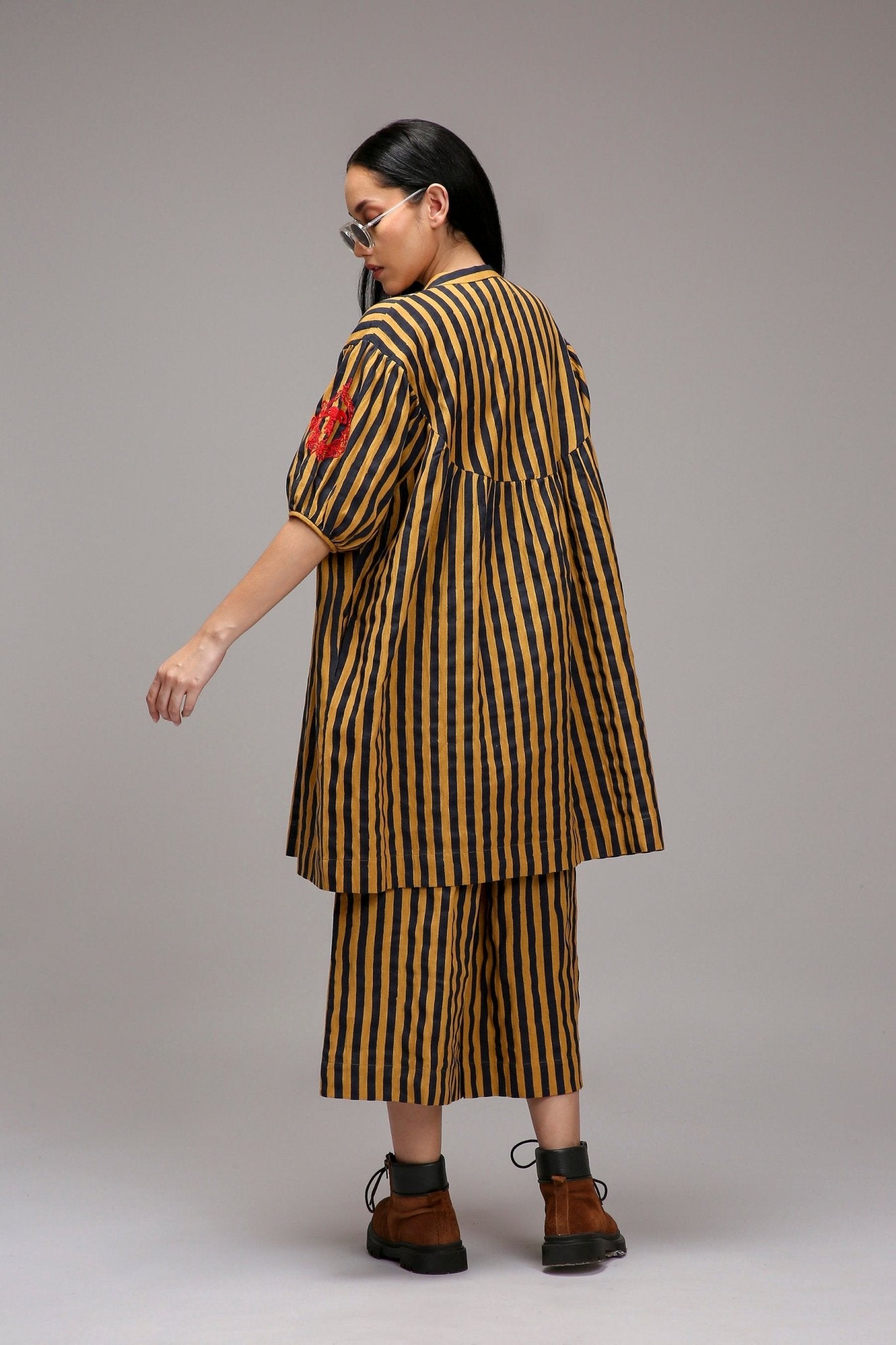 Tan-Brown Blue Striped Short Acra Tunic Set (2 PCS) - CiceroniKurta Set, Everyday WearMATI