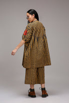 Tan-Brown Blue Striped Short Acra Tunic Set (2 PCS) - CiceroniKurta Set, Everyday WearMATI