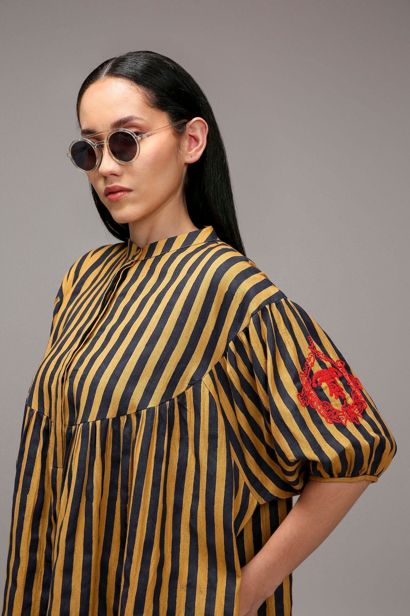 Tan-Brown Blue Striped Short Acra Tunic Set (2 PCS) - CiceroniKurta Set, Everyday WearMATI