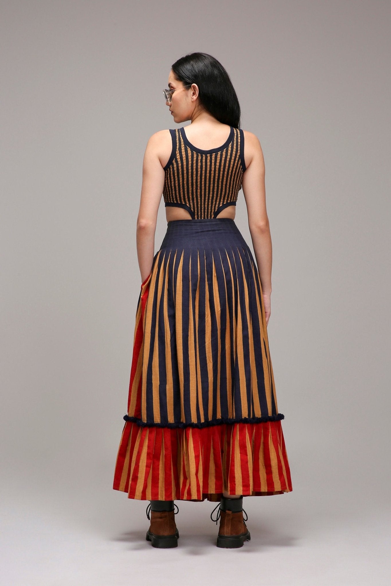 Tan-Brown Bodysuit Dual Striped Skirt Set (2 PCS) - CiceroniSkirt SetMATI
