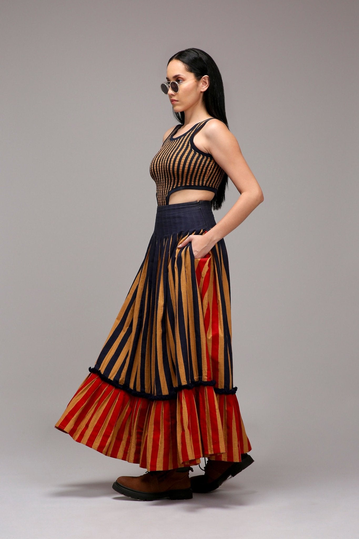 Tan-Brown Bodysuit Dual Striped Skirt Set (2 PCS) - CiceroniSkirt SetMATI