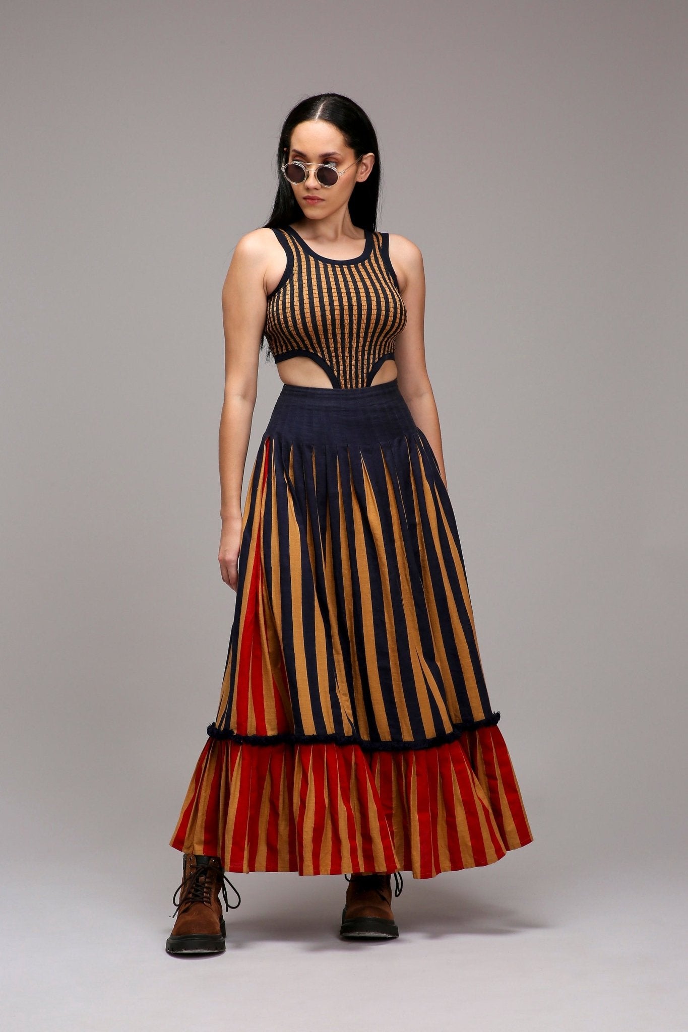 Tan-Brown Bodysuit Dual Striped Skirt Set (2 PCS) - CiceroniSkirt SetMATI