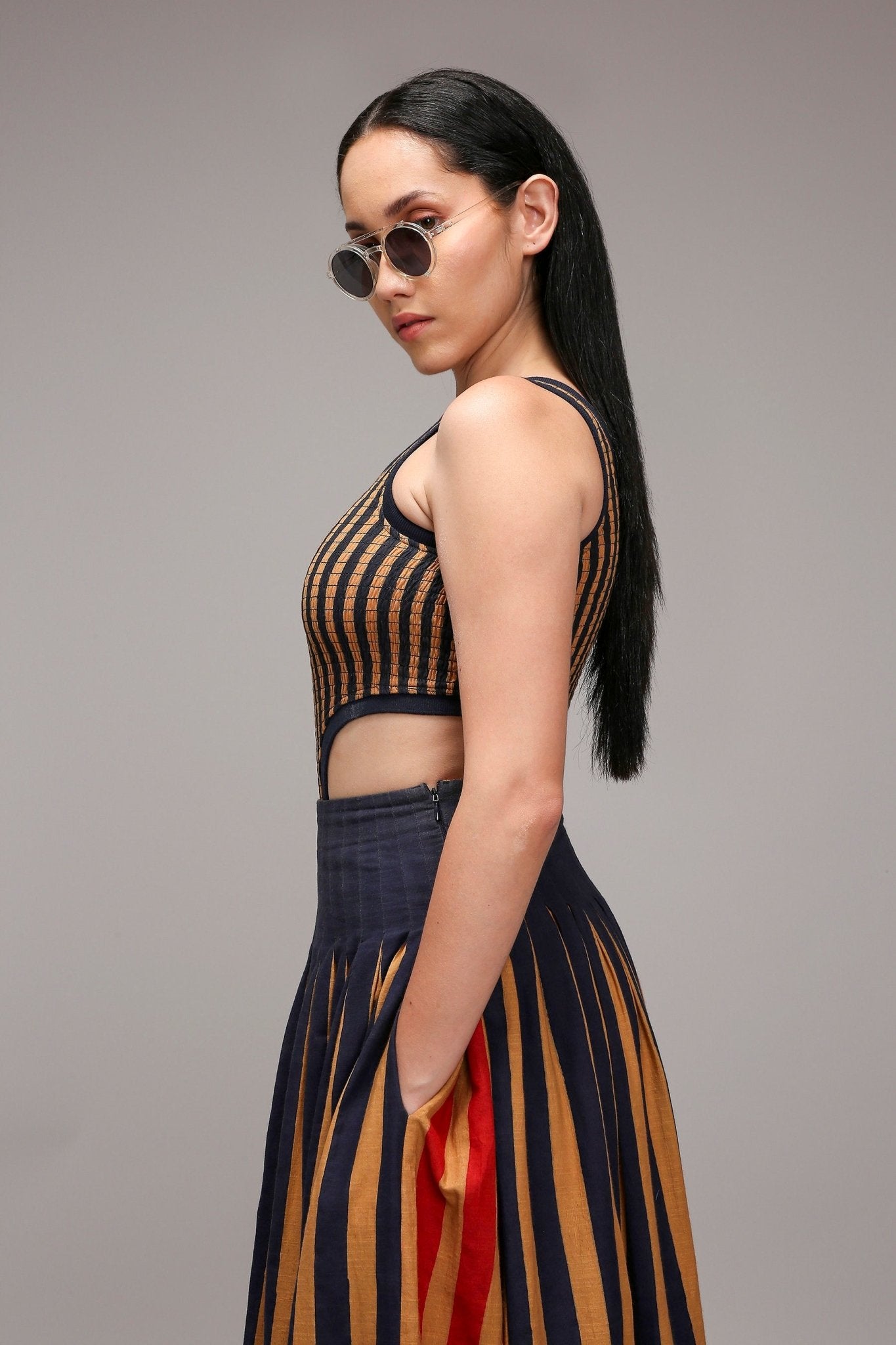 Tan-Brown Bodysuit Dual Striped Skirt Set (2 PCS) - CiceroniSkirt SetMATI