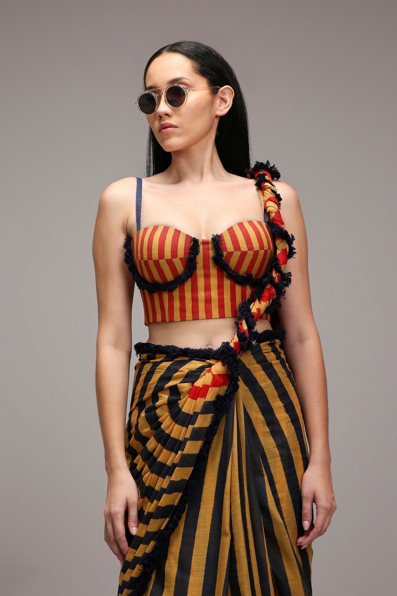 Tan-Brown Corset & Dual Striped Saree Set (2 PCS) - CiceroniSaree SetMATI