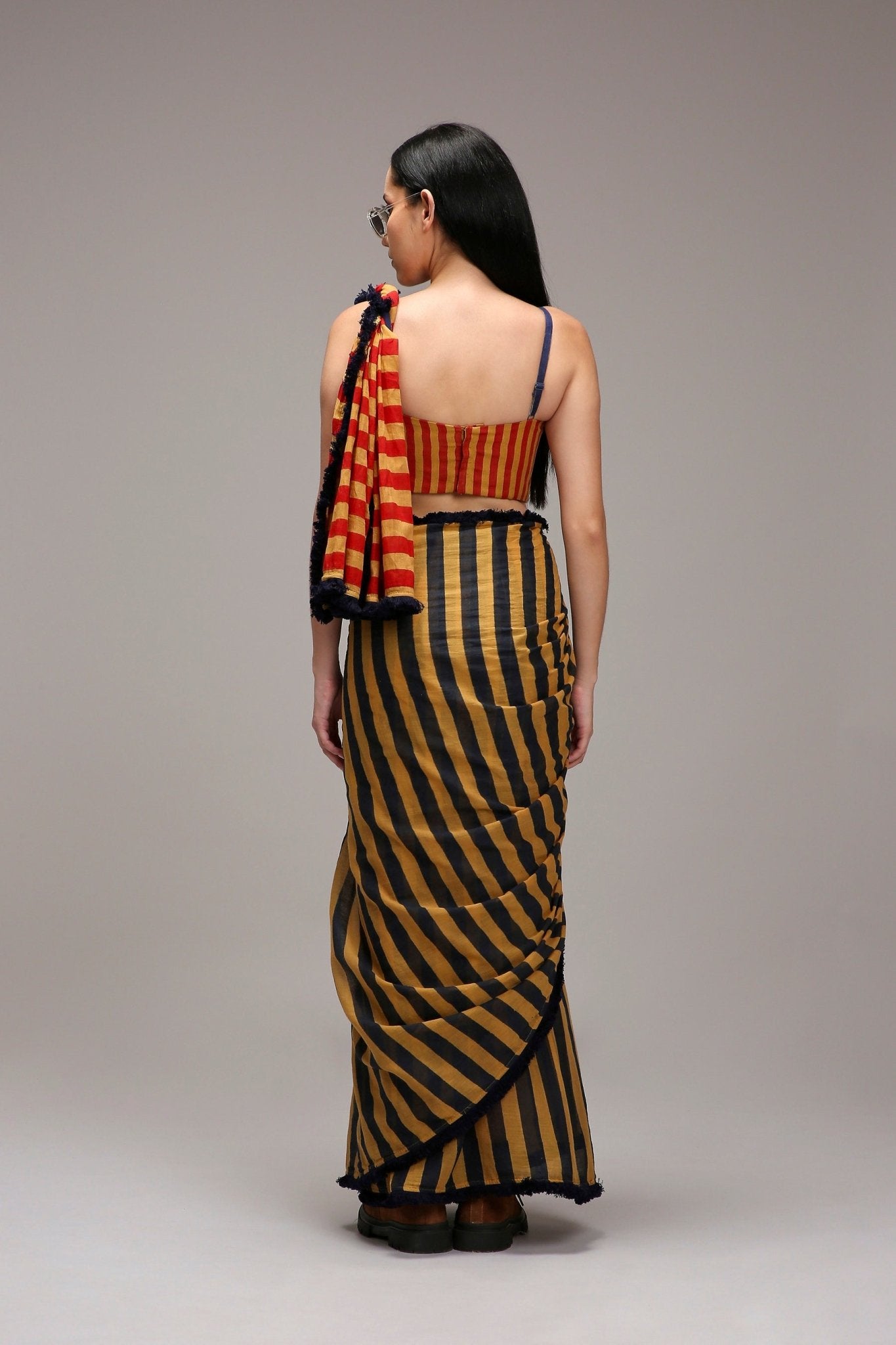 Tan-Brown Corset & Dual Striped Saree Set (2 PCS) - CiceroniSaree SetMATI