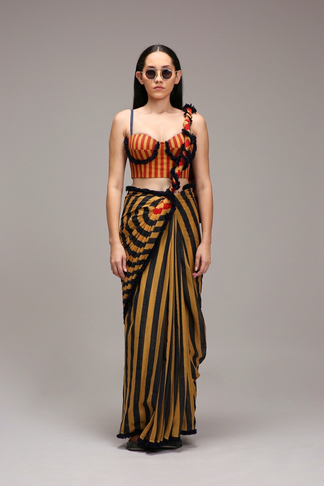Tan-Brown Corset & Dual Striped Saree Set (2 PCS) - CiceroniSaree SetMATI