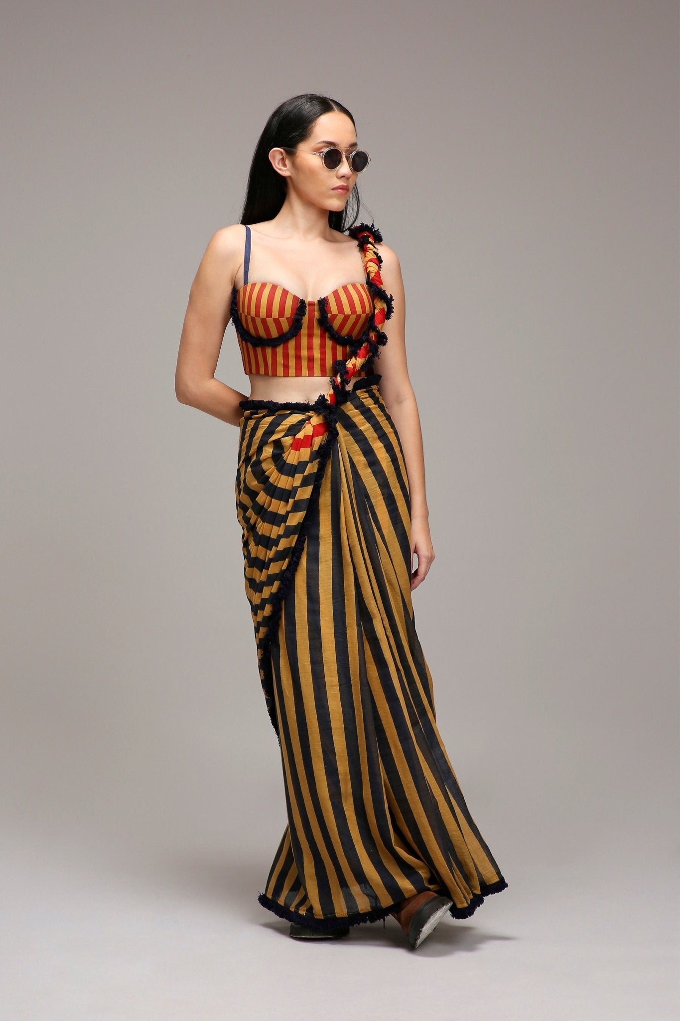 Tan-Brown Corset & Dual Striped Saree Set (2 PCS) - CiceroniSaree SetMATI