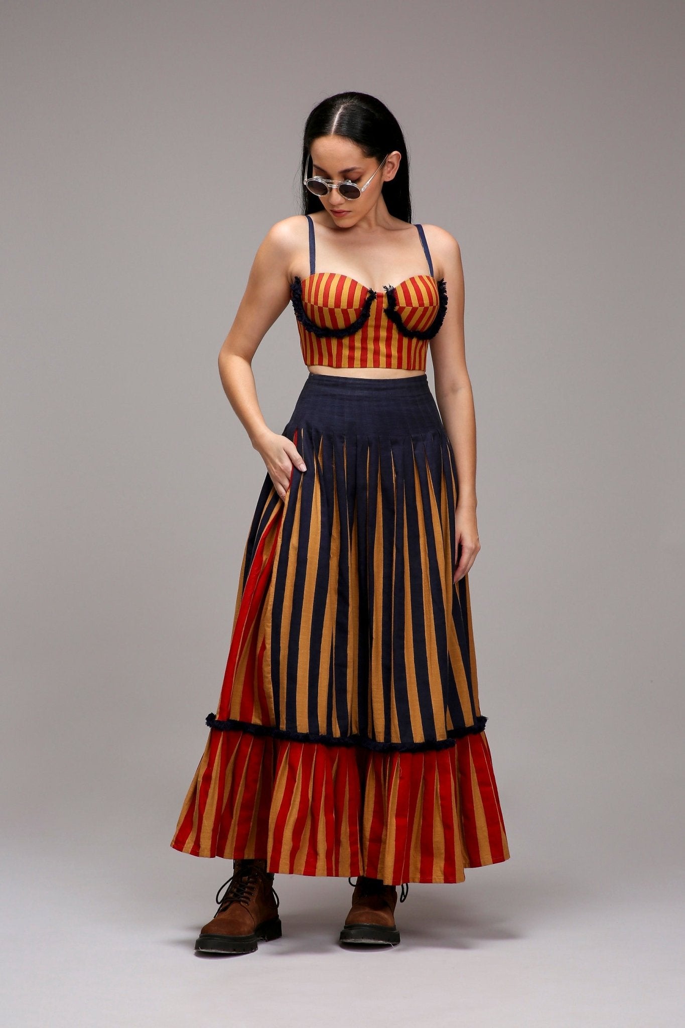 Tan-Brown Corset & Dual Striped Skirt Set (2 PCS) - CiceroniSkirt SetMATI