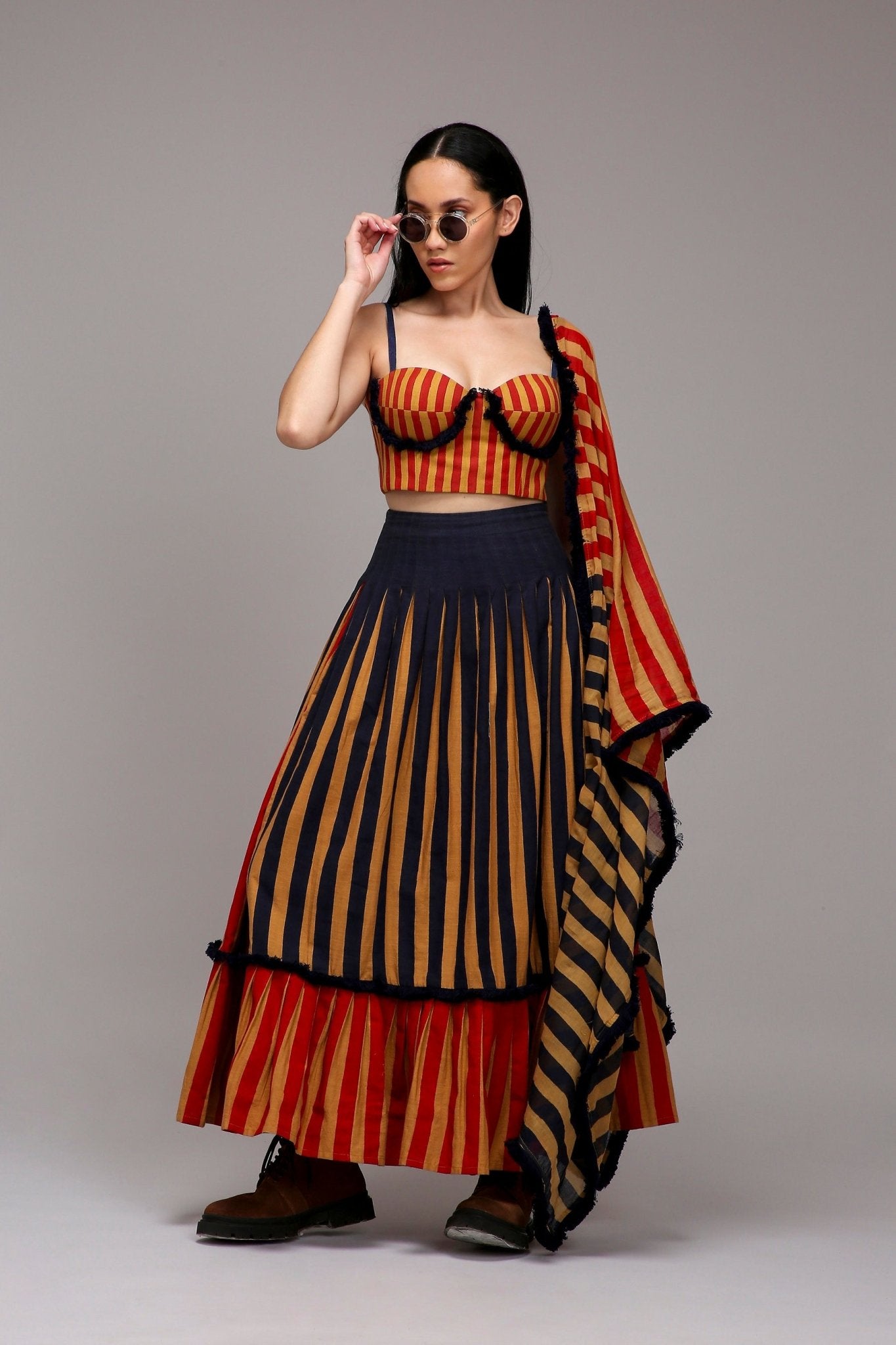 Tan-Brown Corset Dual Striped Stole Skirt Set (3 PCS) - CiceroniSkirt SetMATI