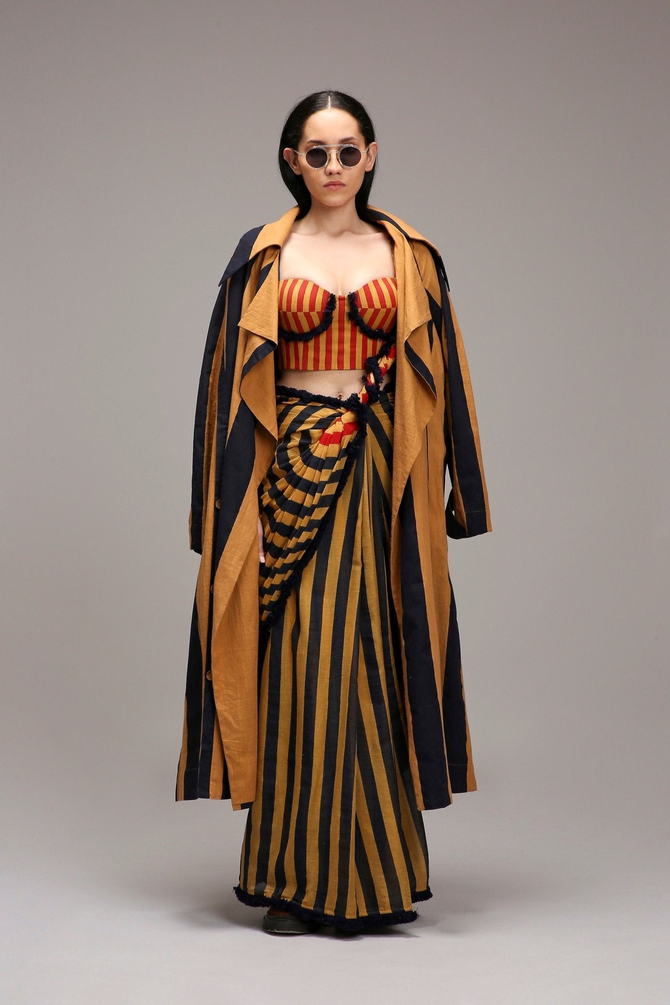 Tan-Brown Corset with Trench Jacket & Dual Striped Saree Set (3 PCS) - CiceroniSaree SetMATI
