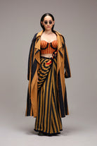 Tan-Brown Corset with Trench Jacket & Dual Striped Saree Set (3 PCS) - CiceroniSaree SetMATI