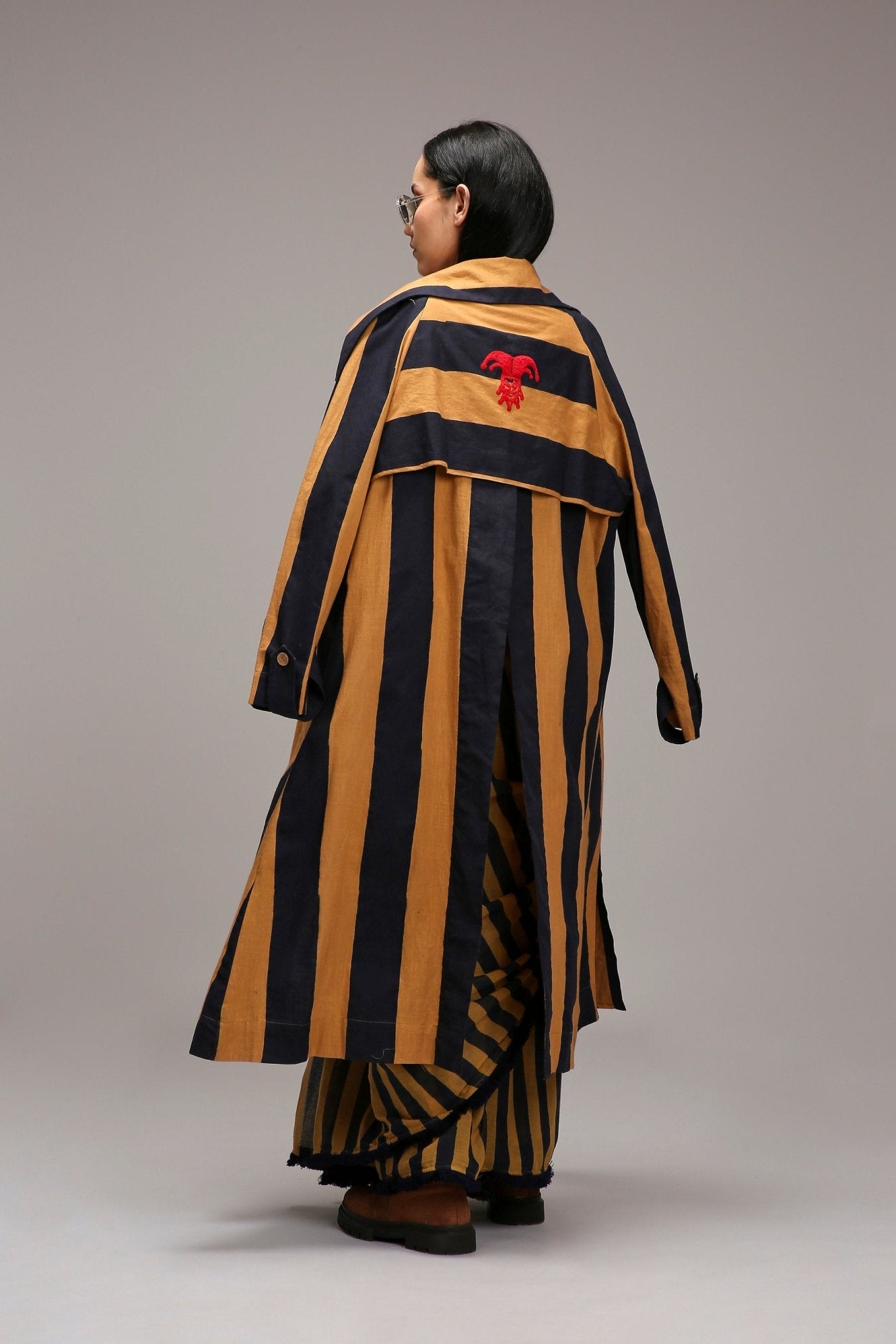 Tan-Brown Corset with Trench Jacket & Dual Striped Saree Set (3 PCS) - CiceroniSaree SetMATI