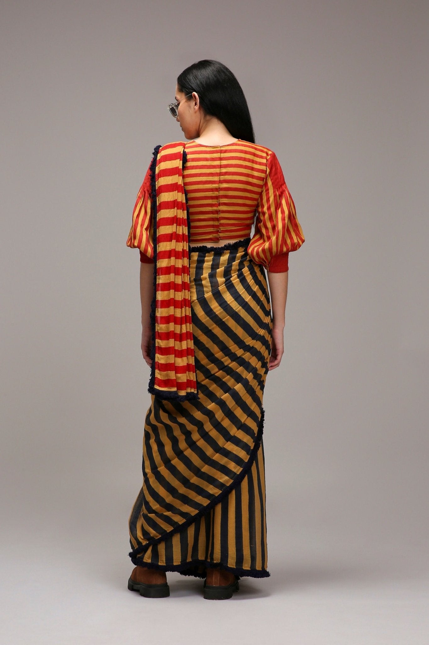Tan-Brown Crop Top & Dual Striped Saree Set (2 PCS) - CiceroniSaree SetMATI