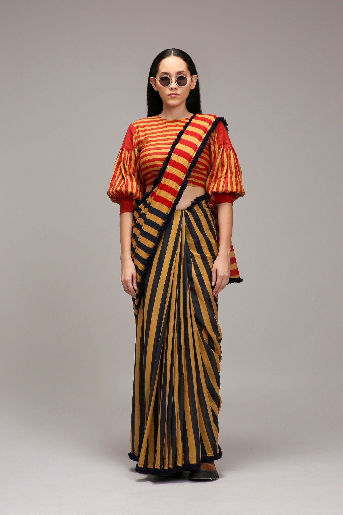 Tan-Brown Crop Top & Dual Striped Saree Set (2 PCS) - CiceroniSaree SetMATI