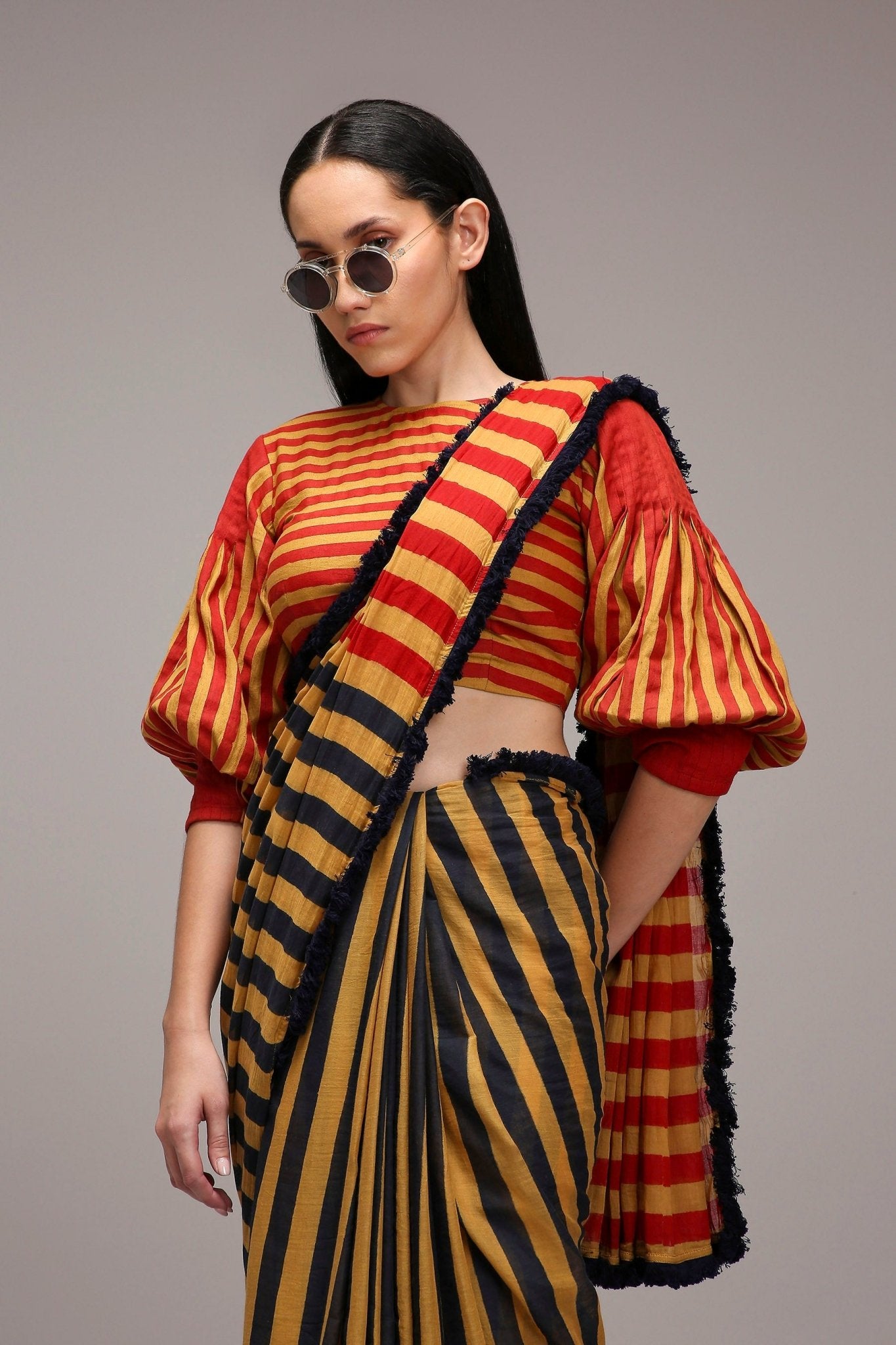 Tan-Brown Crop Top & Dual Striped Saree Set (2 PCS) - CiceroniSaree SetMATI