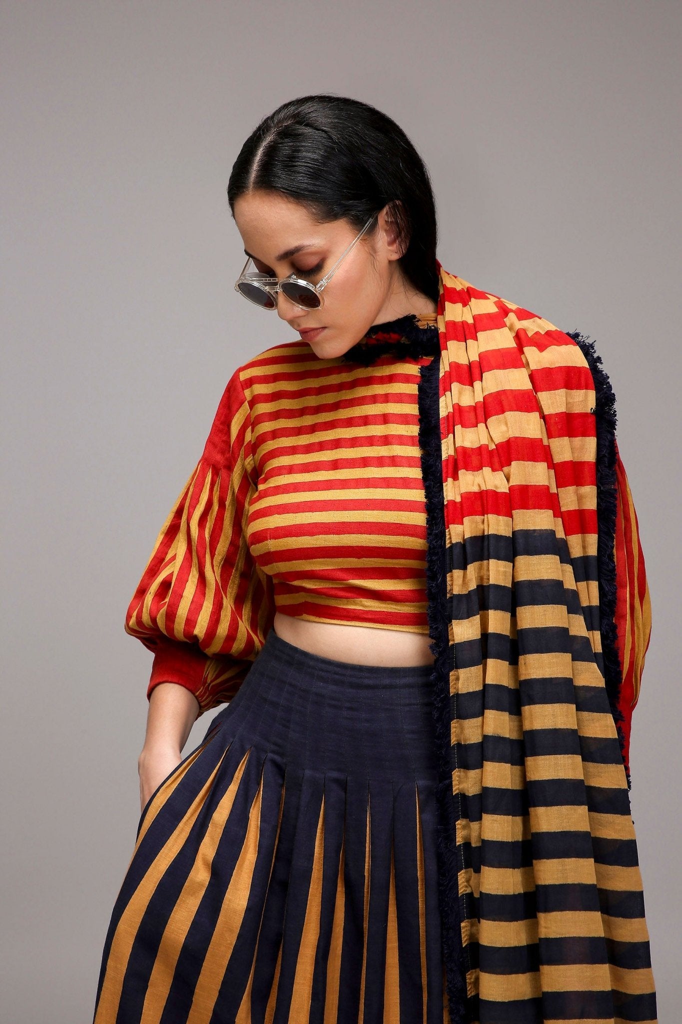 Tan-Brown Crop Top Dual Striped Stole Skirt Set (3 PCS) - CiceroniSkirt SetMATI