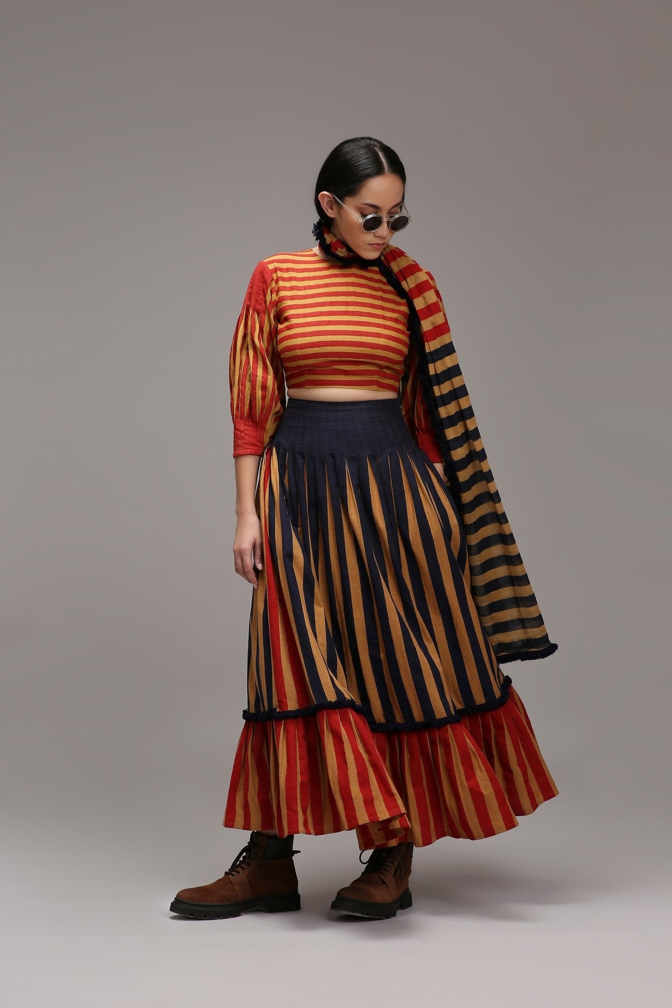 Tan-Brown Crop Top Dual Striped Stole Skirt Set (3 PCS) - CiceroniSkirt SetMATI