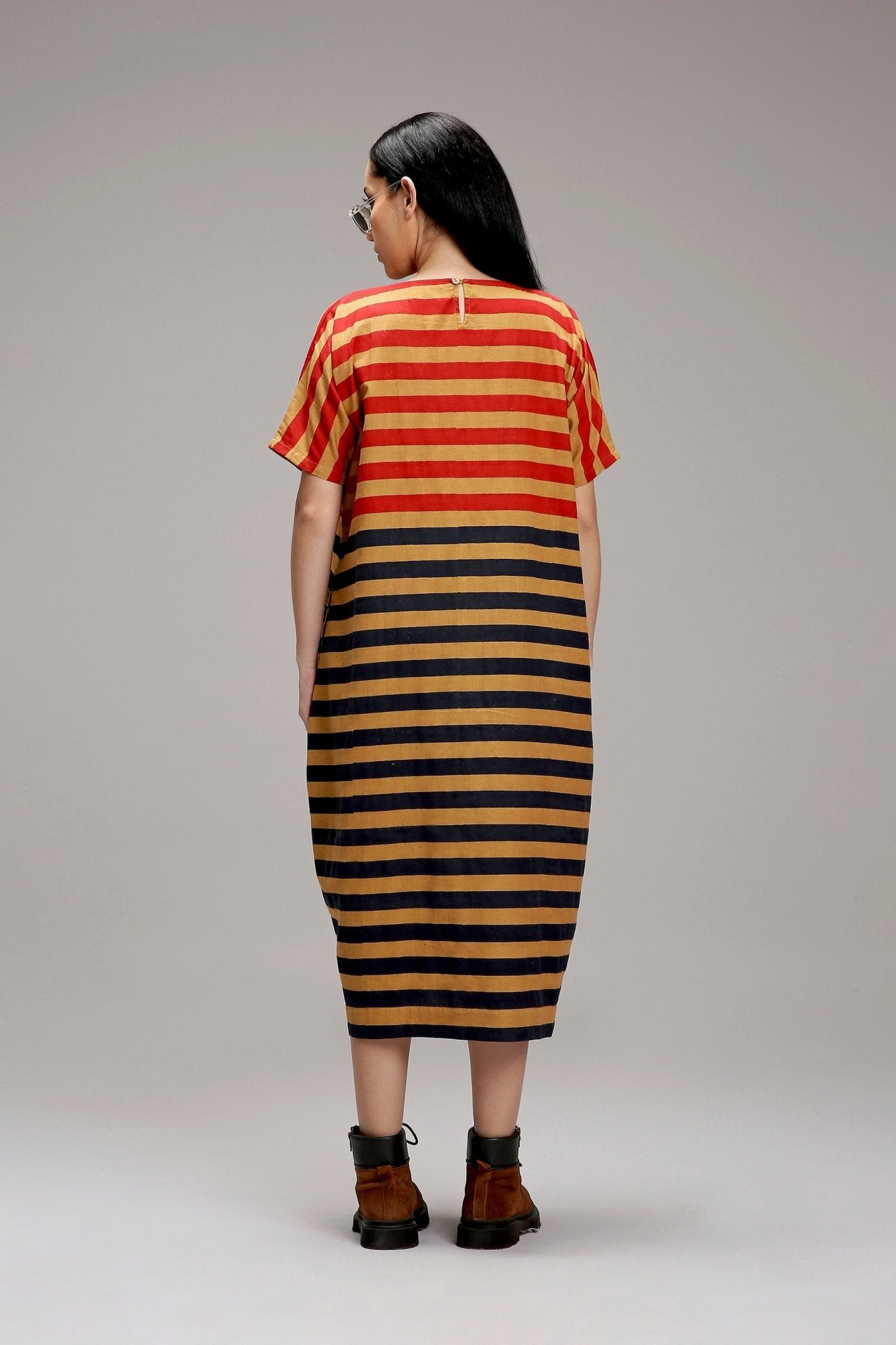 Tan-Brown Red & Blue Dual Striped Dress - CiceroniDressesMATI