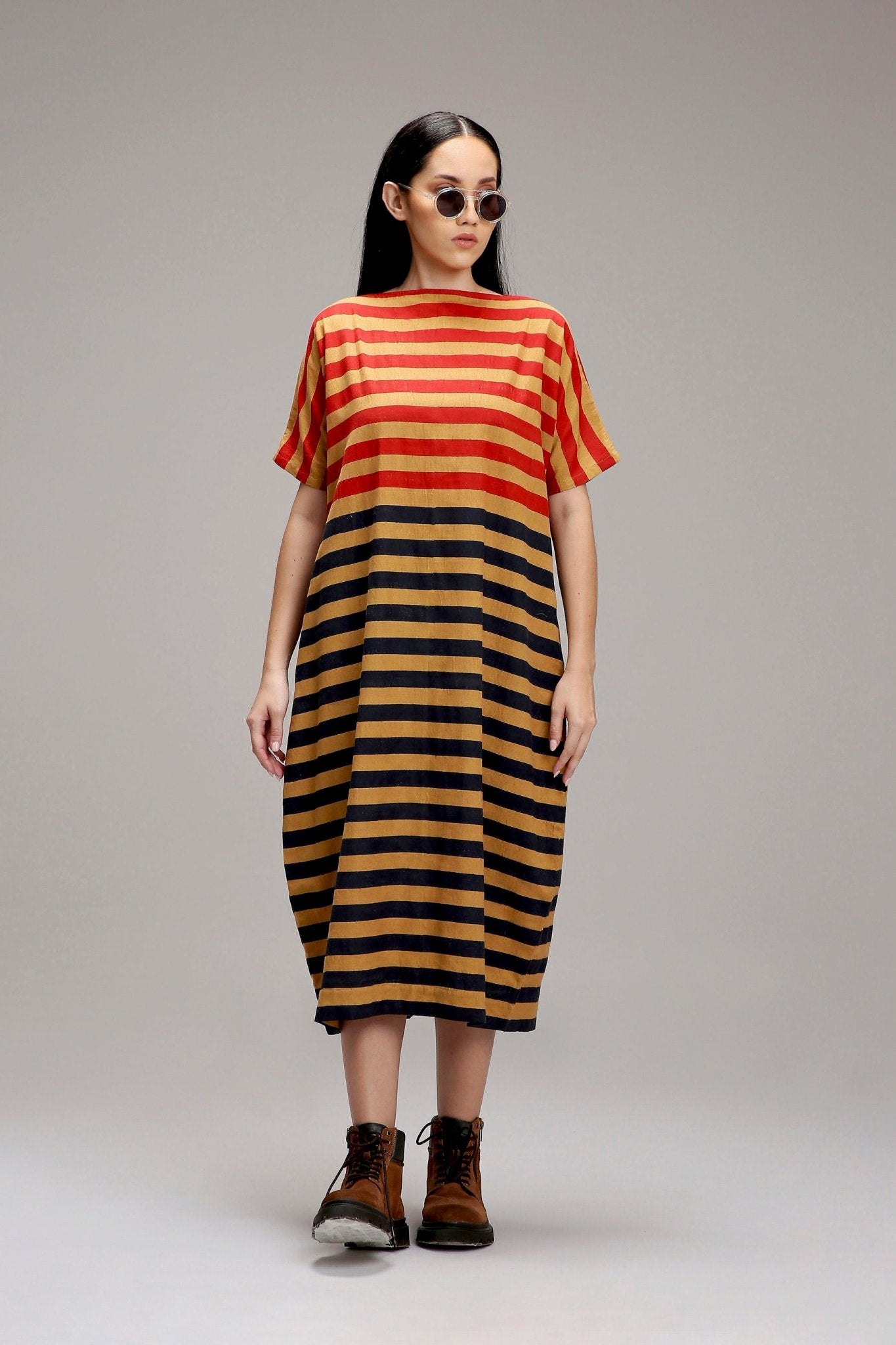 Tan-Brown Red & Blue Dual Striped Dress - CiceroniDressesMATI