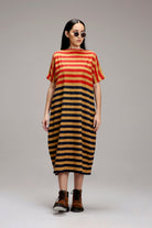 Tan-Brown Red & Blue Dual Striped Dress - CiceroniDressesMATI