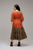 Tan-Brown Red & Blue Striped Tiered Dress - CiceroniDressesMATI